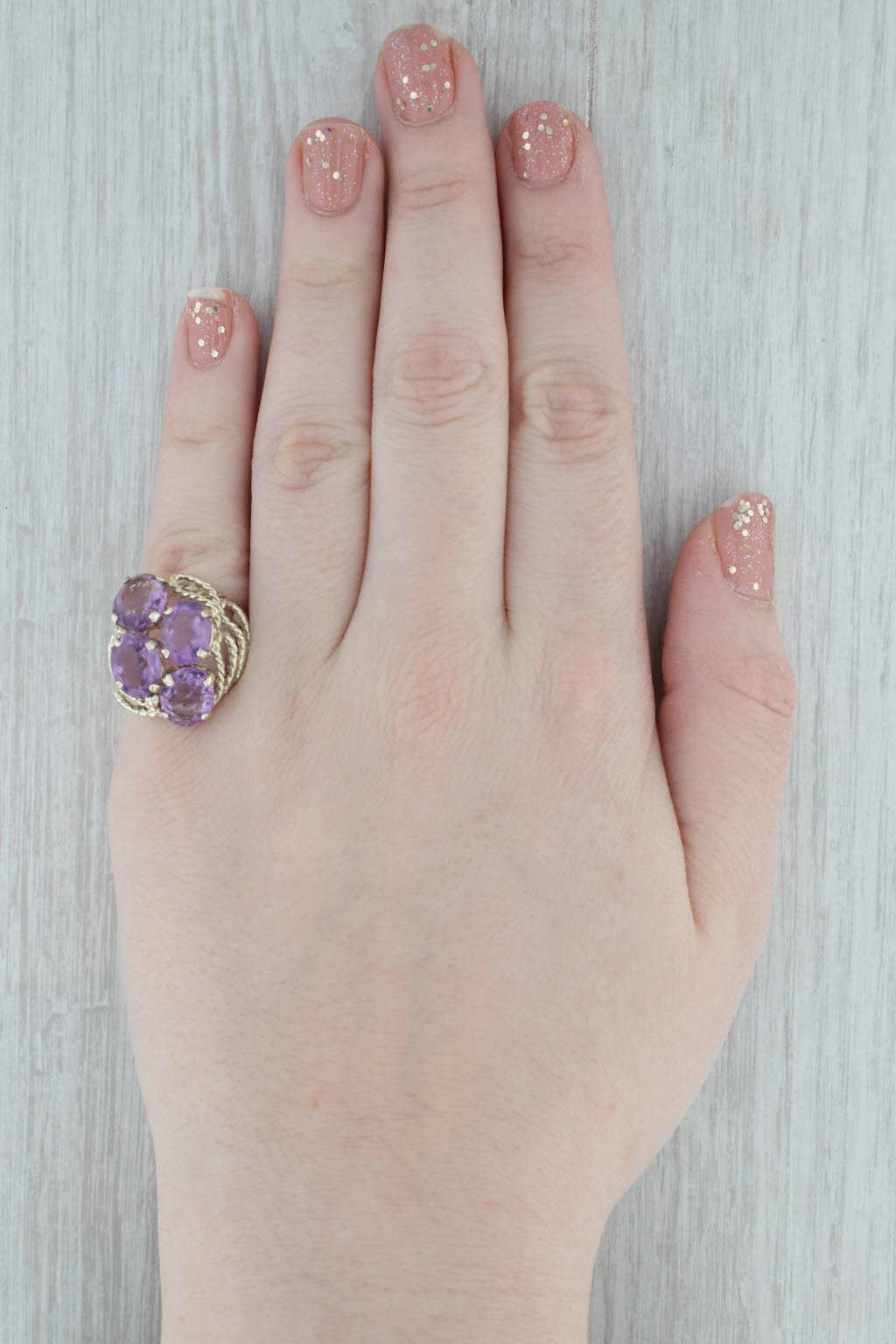 Gray 7.30 ctw Amethyst Cluster Rope Statement Cocktail 14K Yellow Gold Size 7.5 Ring