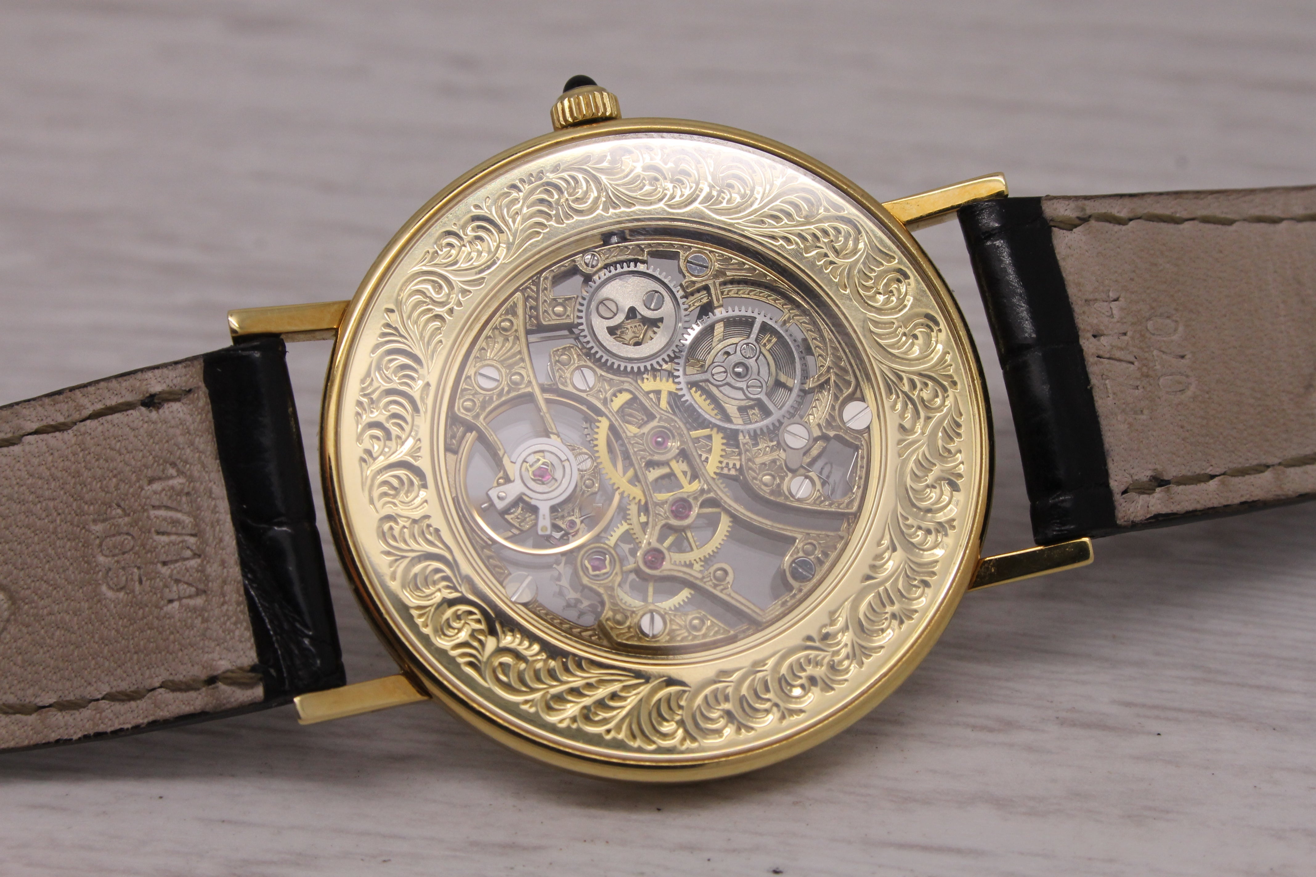 Light Slate Gray Vintage Chopard 18k Yellow Gold Skeleton Watch ref.161032 w Box & Band Very Rare