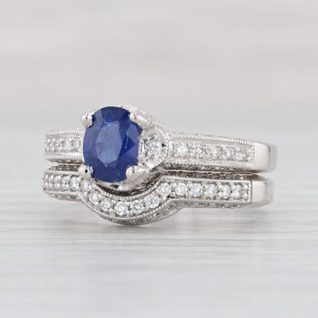 Light Gray 1.46ctw Blue Sapphire Diamond Engagement Ring Wedding Band Set 14k Gold Sz 6 GIA