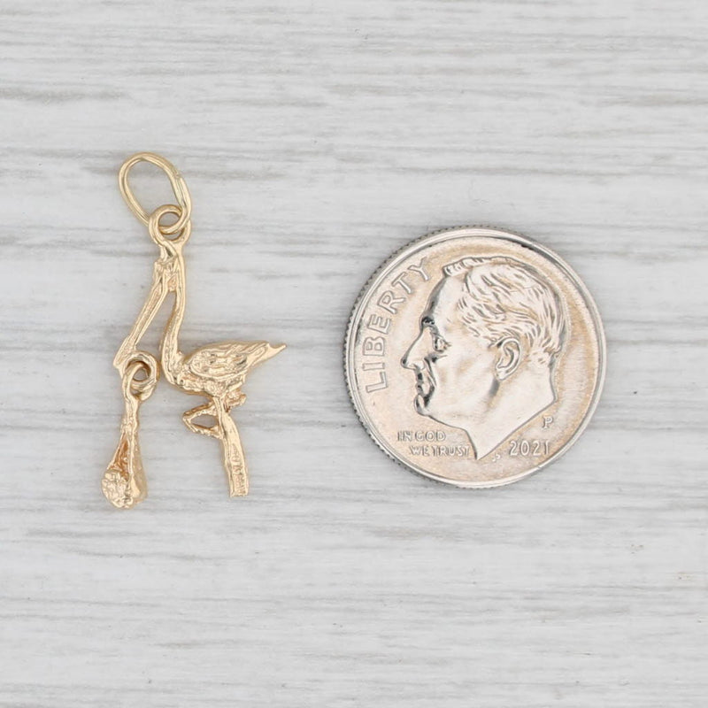 Stork Holding Baby Bundle Charm 14k Yellow Gold Pendant New Mom Gift