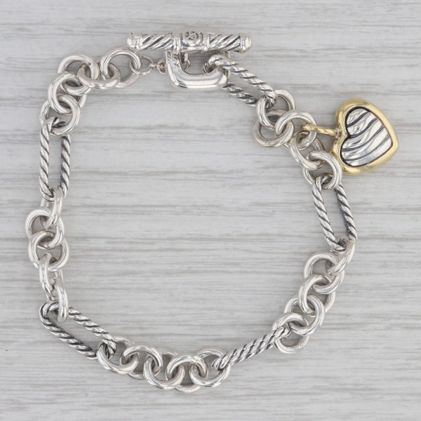 David Yurman Figaro Toggle 7" Heart Charm Bracelet Sterling Silver 18k Gold