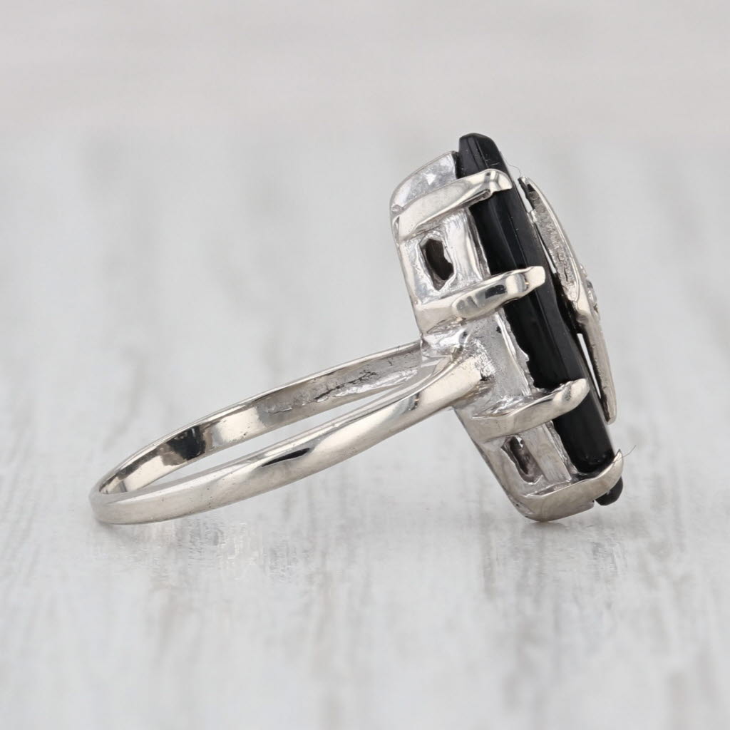 Vintage Onyx Diamond Signet Ring 10k White Gold Size 3