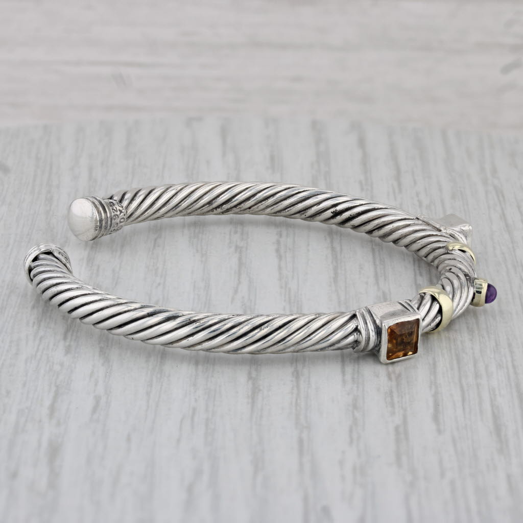 Gray David Yurman Renaissance Cuff Bracelet Sterling Silver 14k Gold Citrine Amethyst