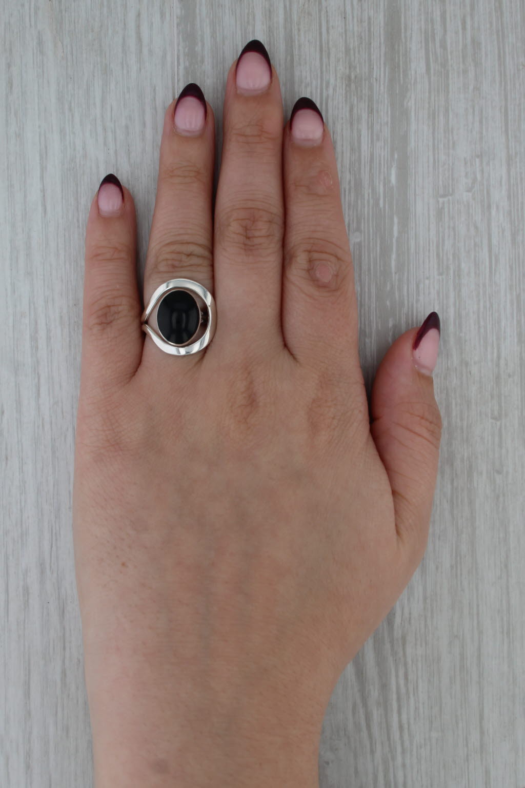 Black Resin Oval Cabochon Ring Sterling Silver Size 6 Adjustable