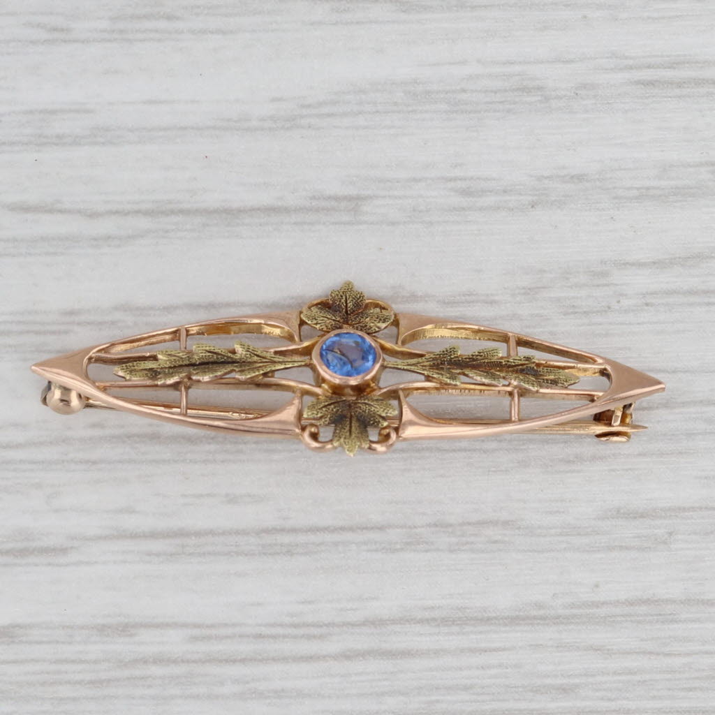Light Gray Vintage Blue Garnet Floral Brooch 10k Green Yellow Gold Pin