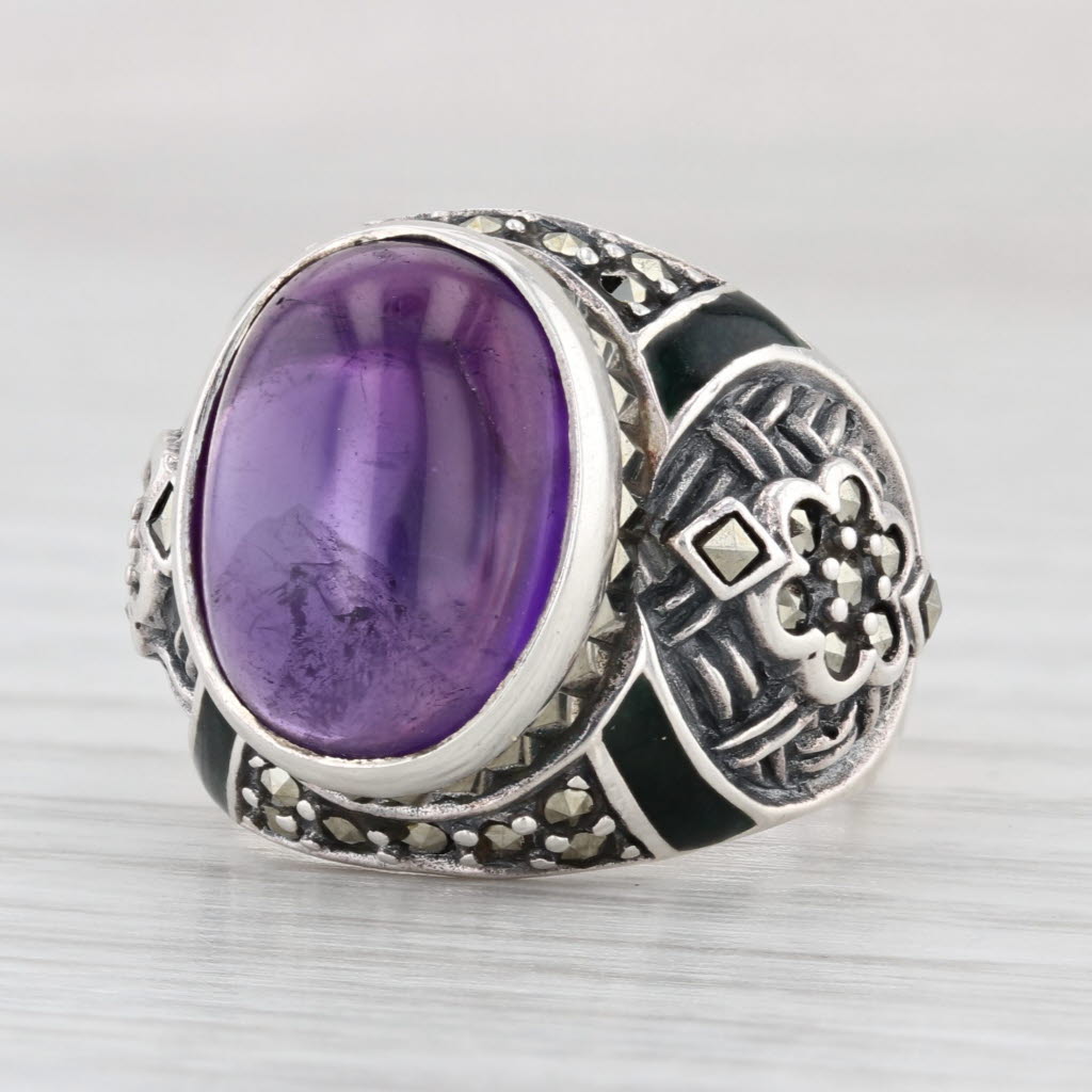 Amethyst Cabochon Marcasite Ring Sterling Silver Size 6 Statement