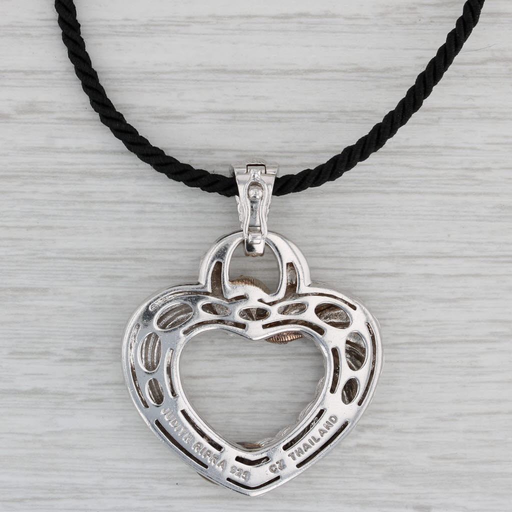 Gray Cubic Zirconia Heart Black Cord Necklace Sterling Silver Adjustable Length