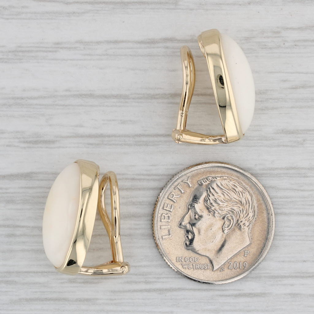 Gray White Coral Oval Cabochon Drop Earrings 14k Yellow Gold Pierced Omega Backs