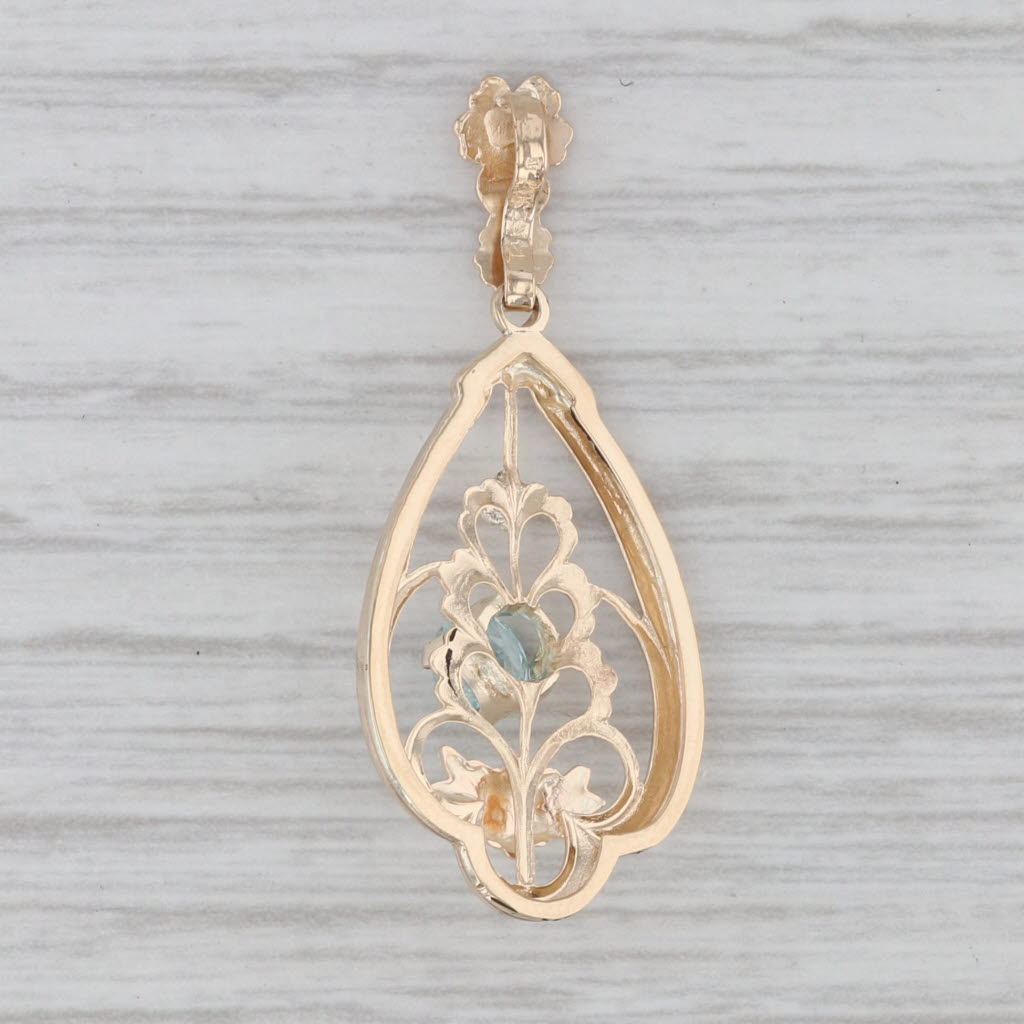 Gray Vintage 0.40 Blue Zircon Floral Lavalier Pendant 14K Yellow Green Gold