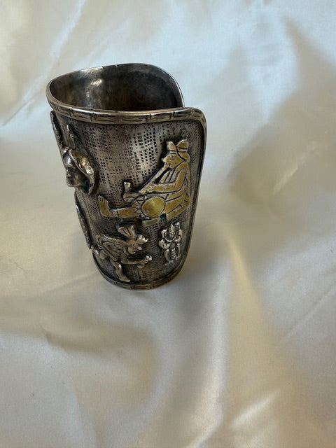 Vintage Peruvian Figural Tribal Wrist Plate Guard Sterling Silver Large Cuff