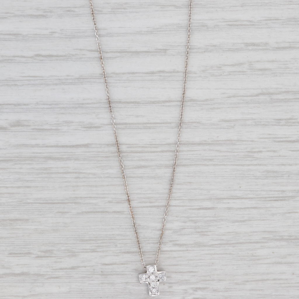Light Gray 0.12ctw Diamond Small Cross Pendant Necklace 18k White Gold 16.25" Rope Chain