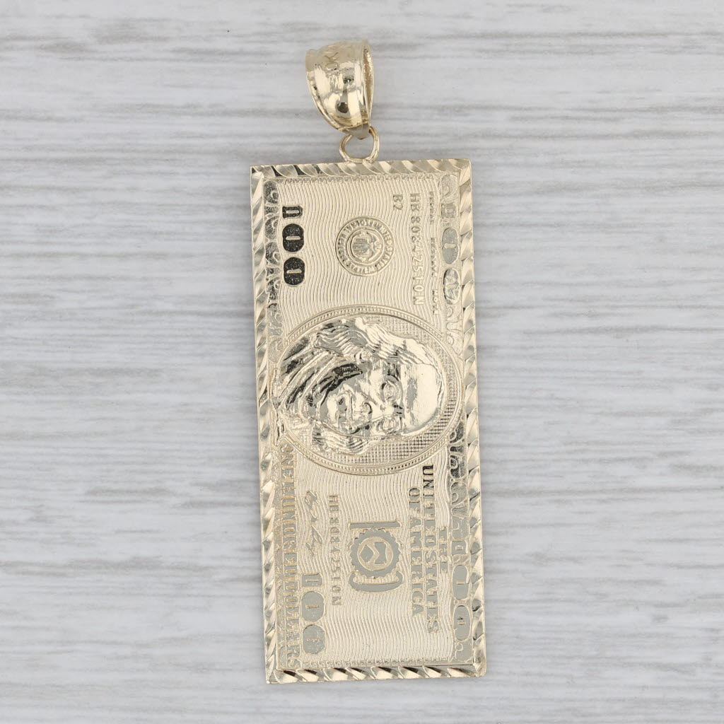 Gray 100 Dollar Bill Pendant 10k Yellow Gold Detailed Copy Benjamin Franklin