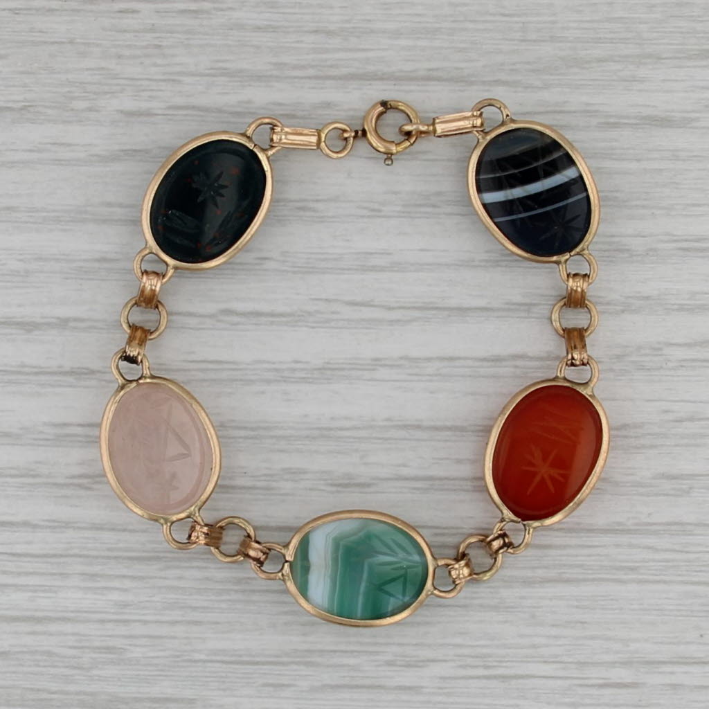 Vintage Carved Scarab Stone Bracelet 14k Gold Filled 6.75" Bloodstone Agate