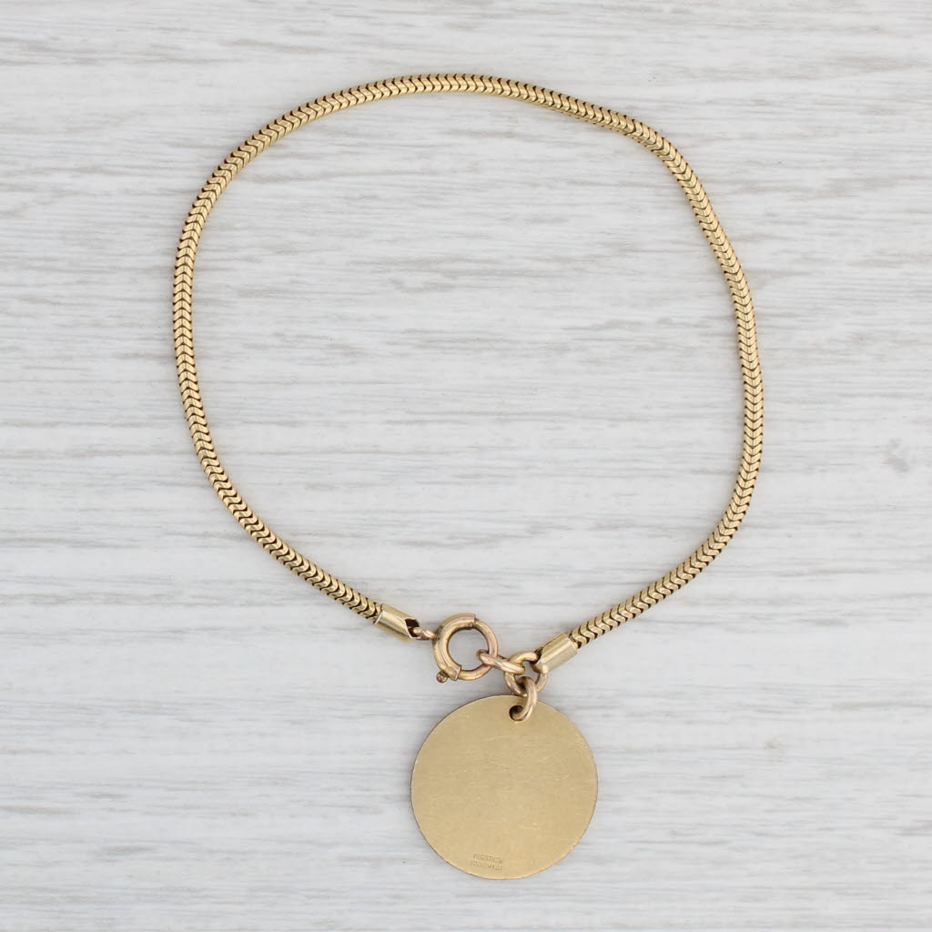 Light Gray Vintage Engravable ID Tag Charm Bracelet Gold Filled 7" Snake Chain