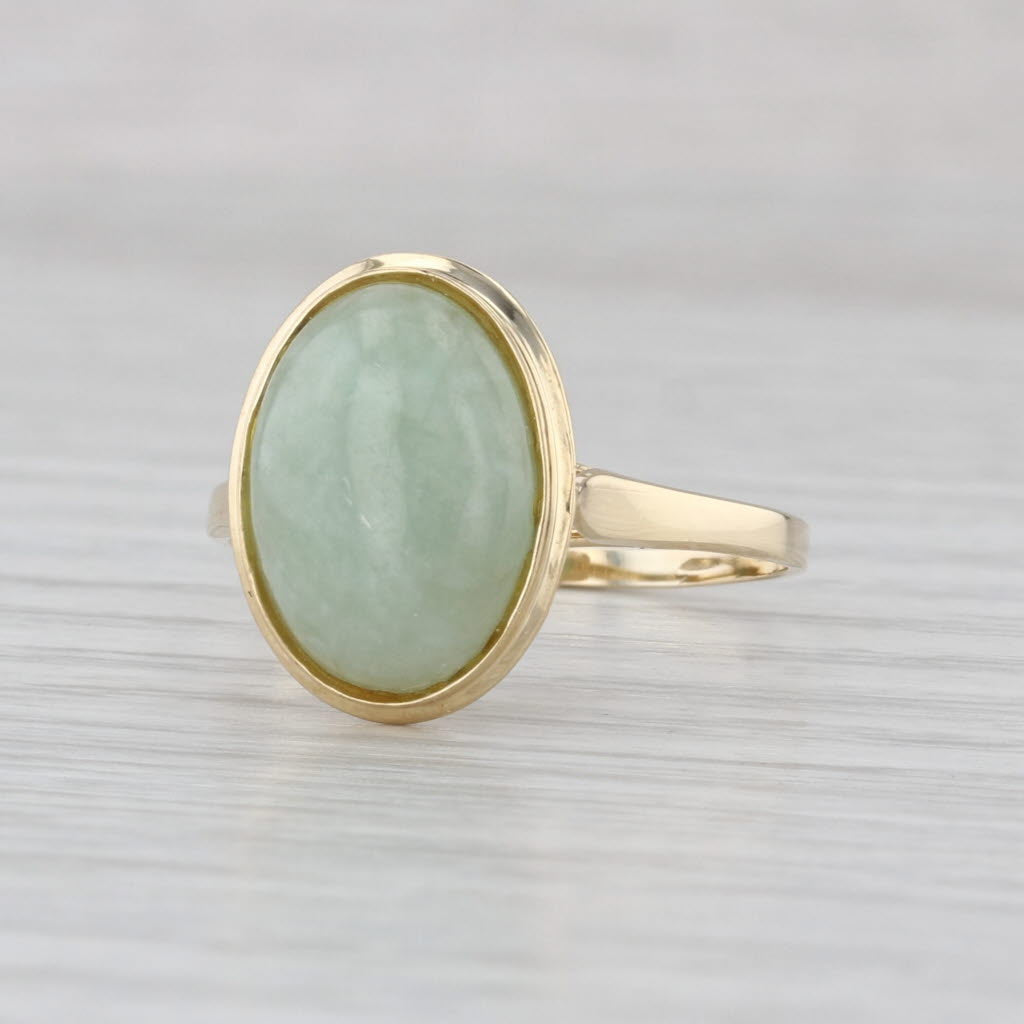Green Jadeite Jade Oval Cabochon Solitaire Ring 14k Yellow Gold Size 9.75
