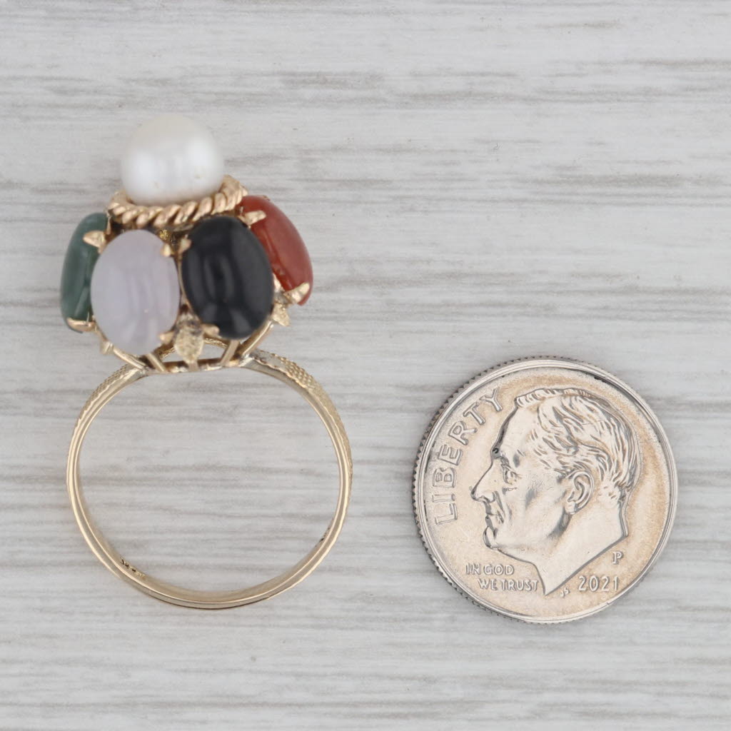 Gray Cultured Pearl Jadeite Jade Ring 14k Yellow Gold Cocktail Size 6.25