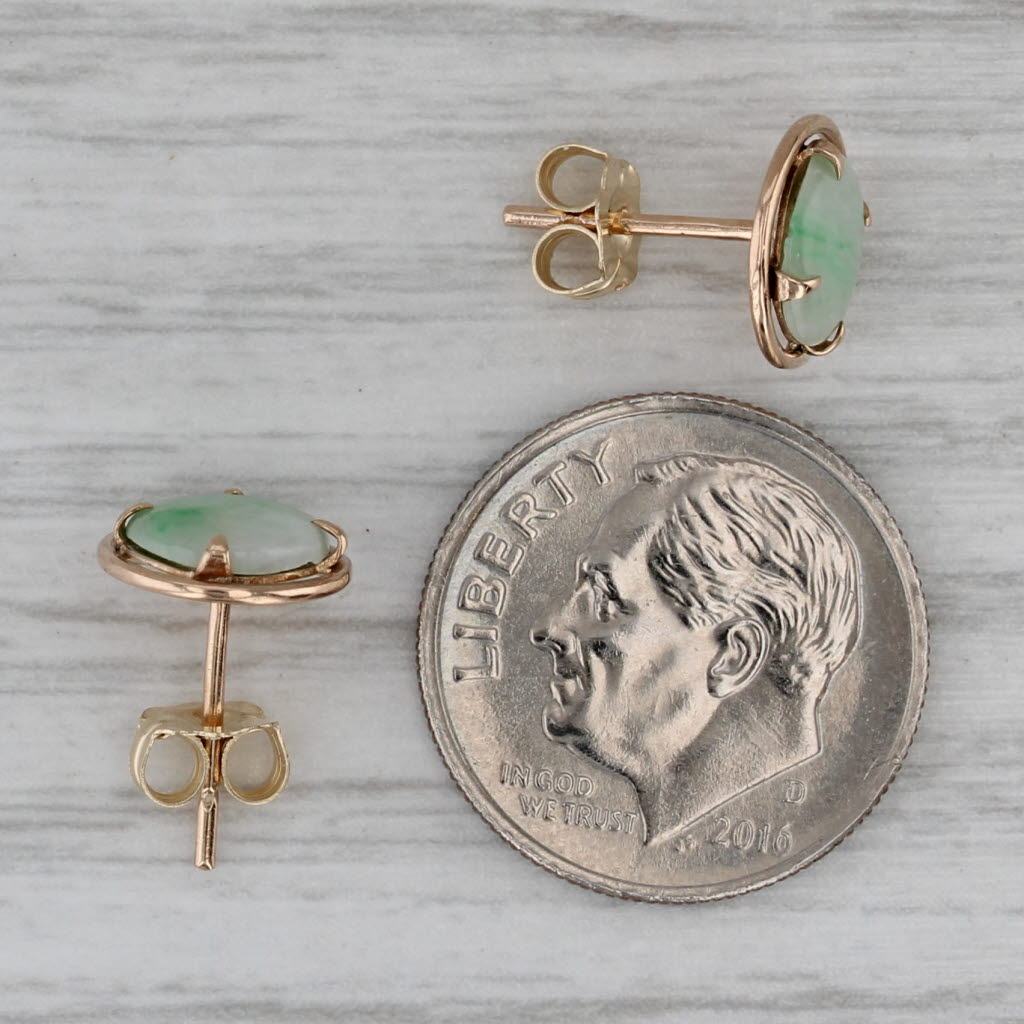 Dark Gray Green Jadeite Jade Stud Earrings 14k Yellow Gold