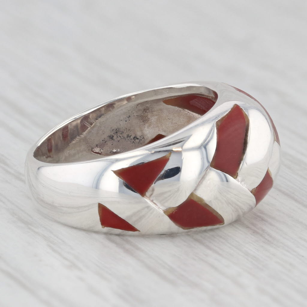 Light Gray Red Resin Domed Ring Sterling Silver Size 5.75 Band