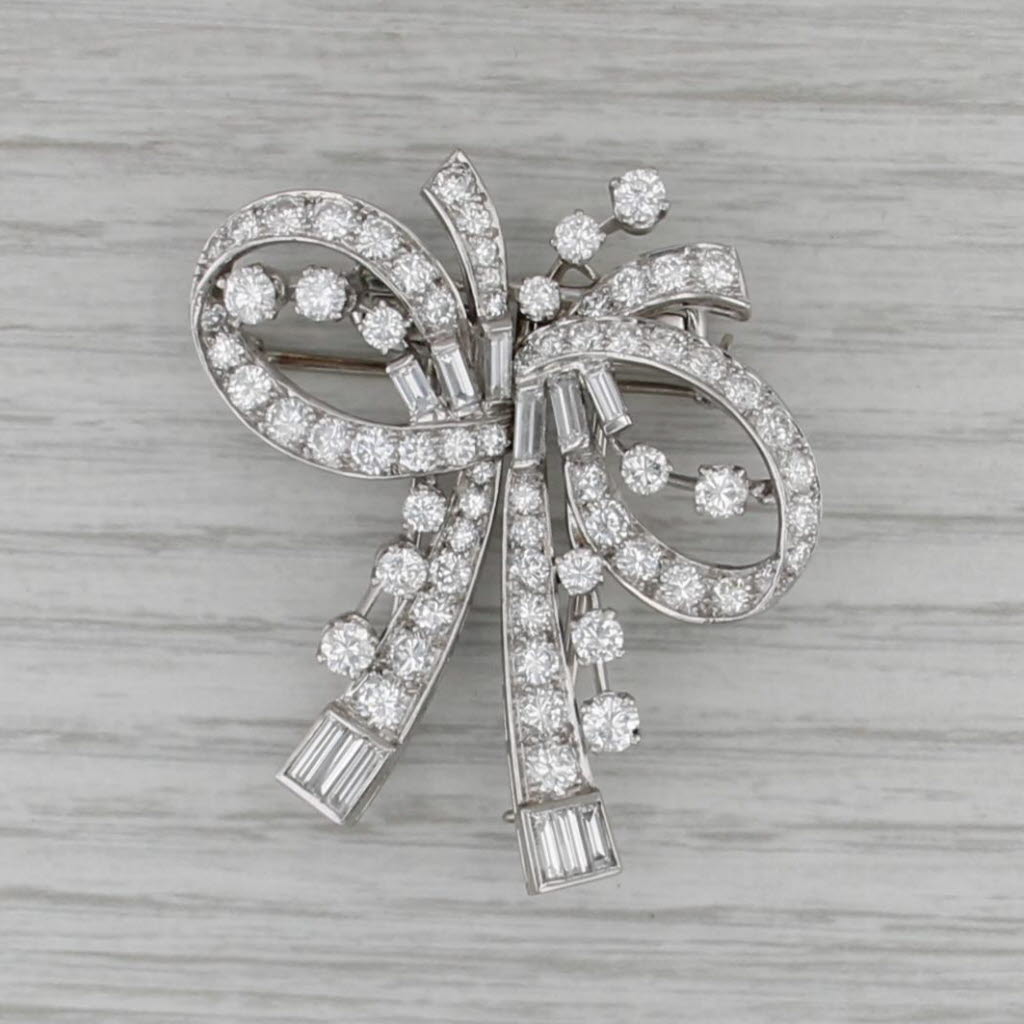 Antique Diamond Bow Brooch 6.72ctw Platinum 18k Gold Convertible 3 Pins