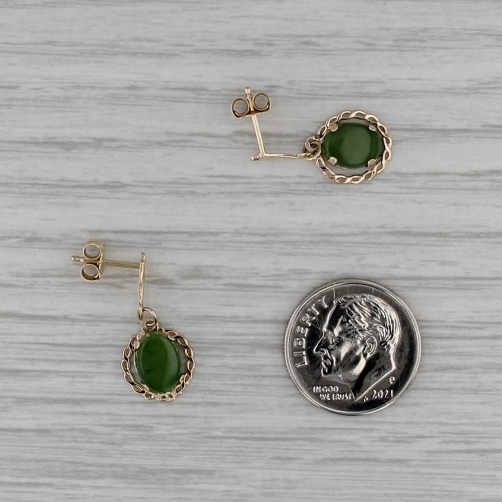 Green Nephrite Jade Dangle Earrings 14k Yellow Gold Drops Oval Cabochon