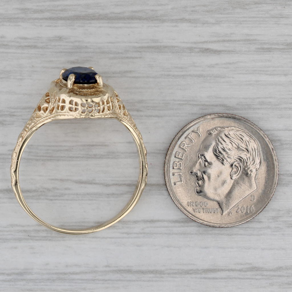 Gray 0.72ct Oval Lab Created Blue Sapphire 10k Yellow Gold Floral Filigree Size 9.5