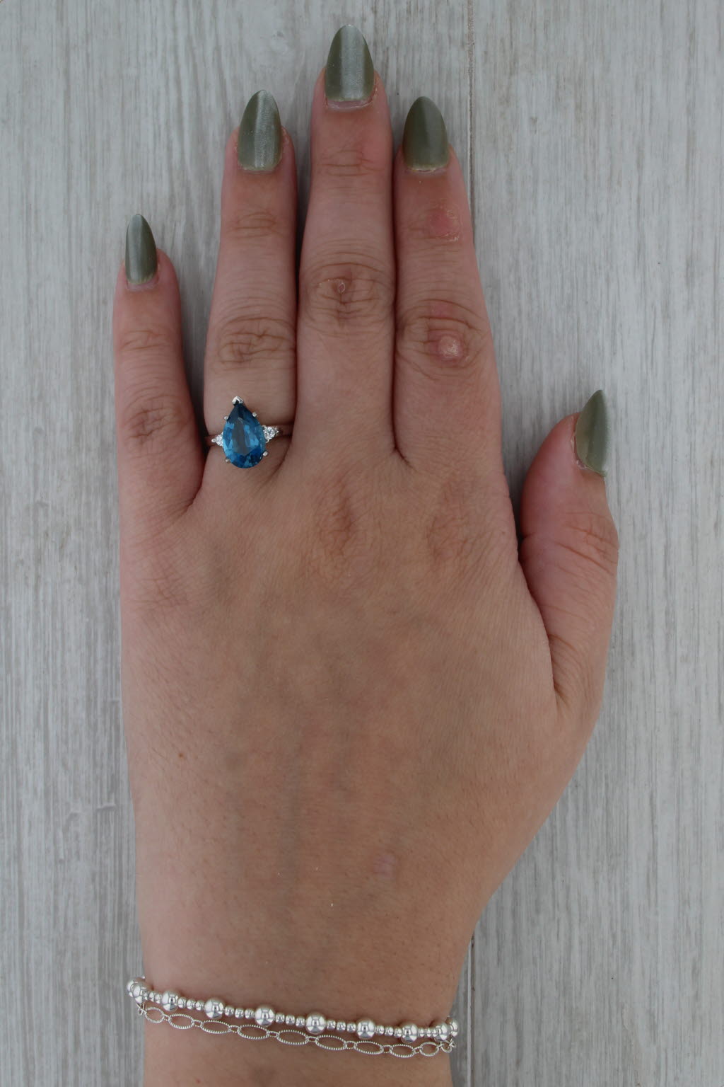 3.33ctw Pear Blue Topaz Diamond 18k White Gold Size 6.25 Teardrop Solitaire