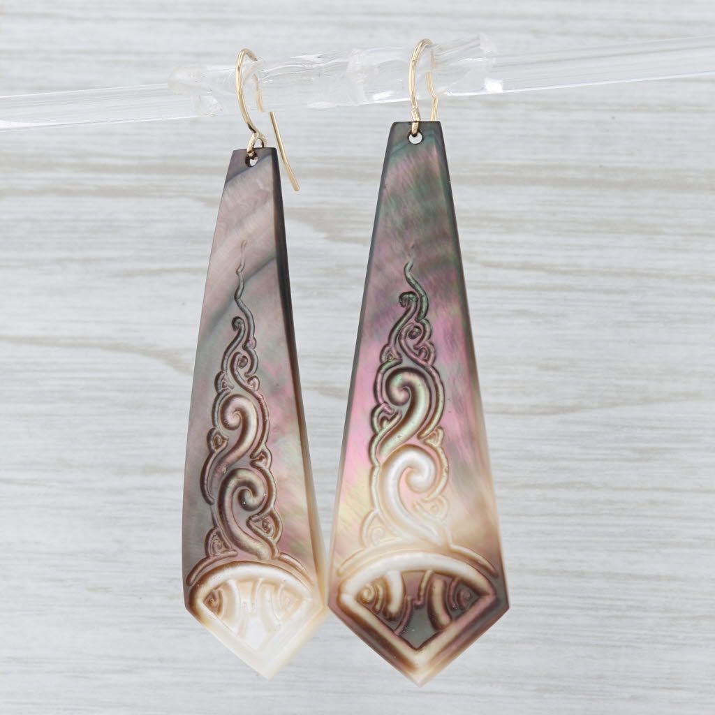 Ornate Carved Mother of Pearl Drop Earrings 14k Yellow Gold Hook Posts Dangles