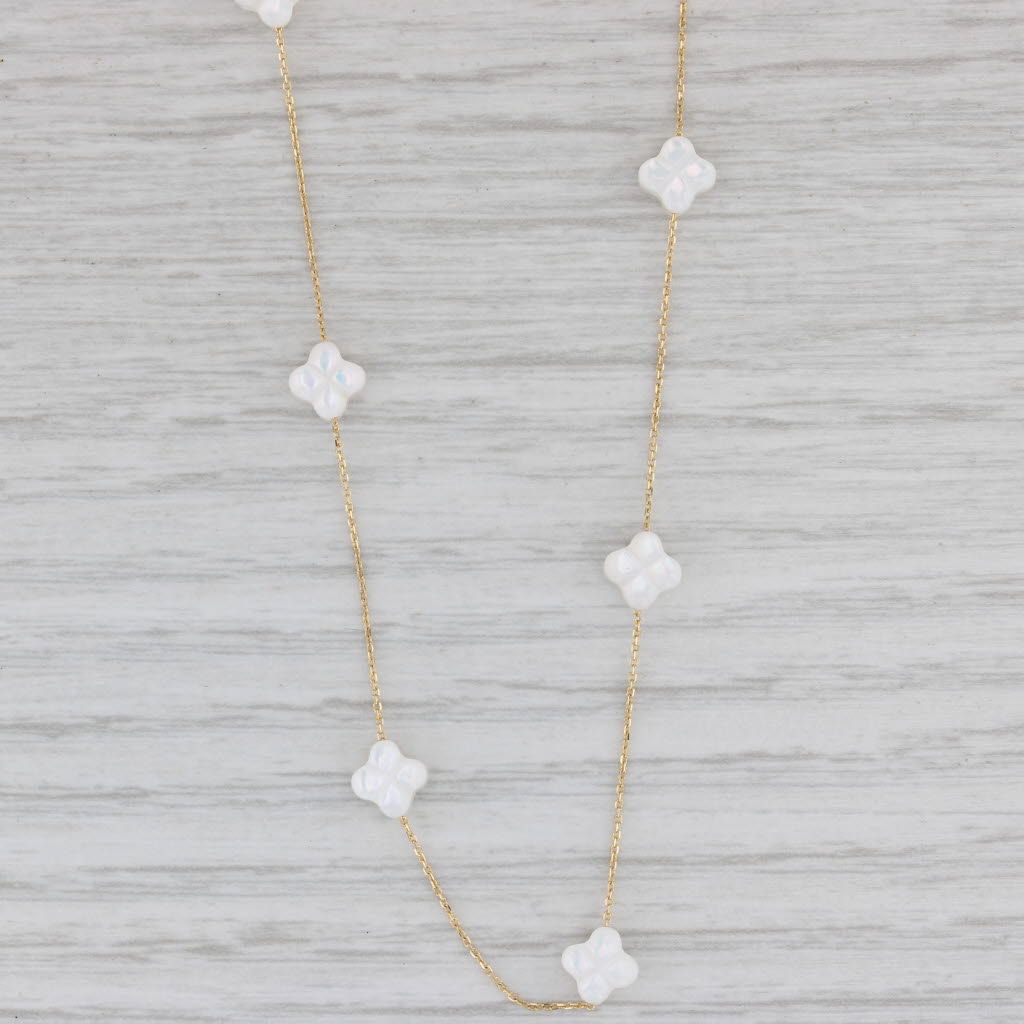 Gray Mother of Pearl Quatrefoil Clover Flower Stations Necklace 18" 14k Yellow Gold