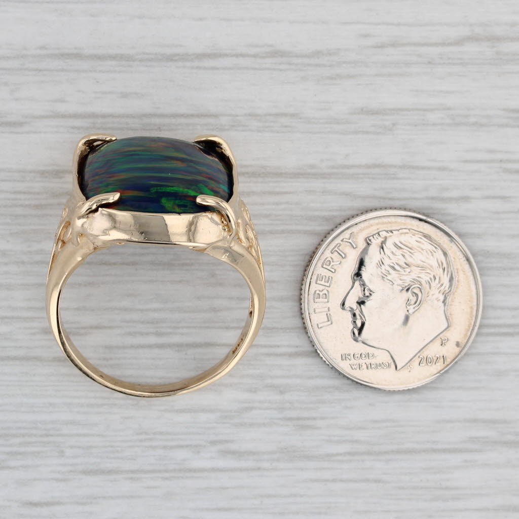 Gray Lab Created Opal Ring 14k Yellow Gold Size 8.75 Cushion Cabochon Solitaire