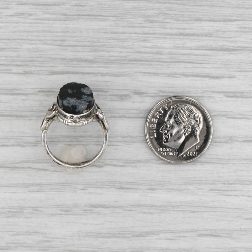 Vintage Obsidian Glass Snowflake Signet Ring Sterling Silver Size 4 Leaf Accents