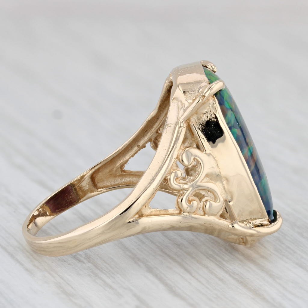 Light Gray Lab Created Opal Ring 14k Yellow Gold Size 8.75 Cushion Cabochon Solitaire
