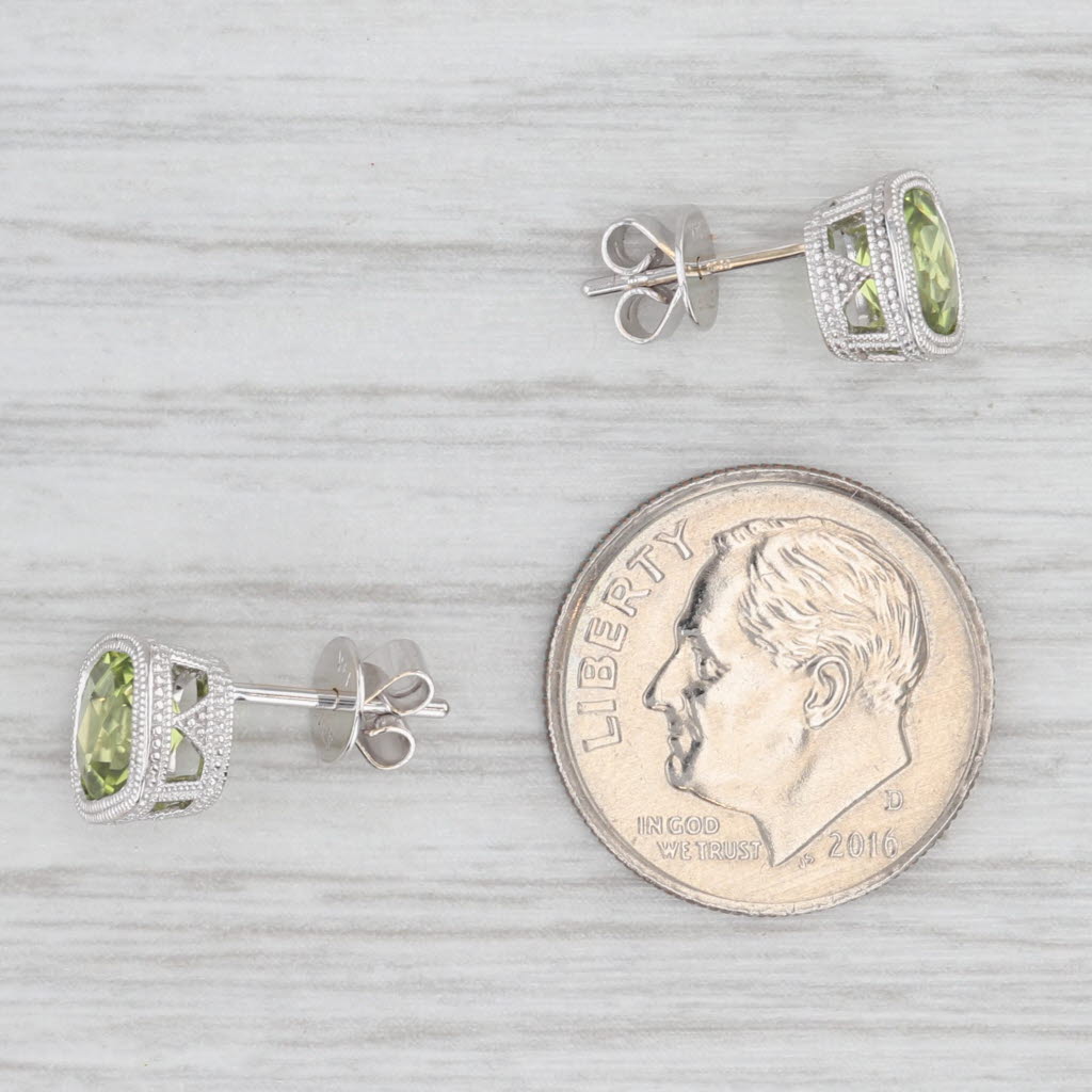 Light Gray 2ctw Cushion Solitaire Green Peridot Stud Earrings 14k White Gold
