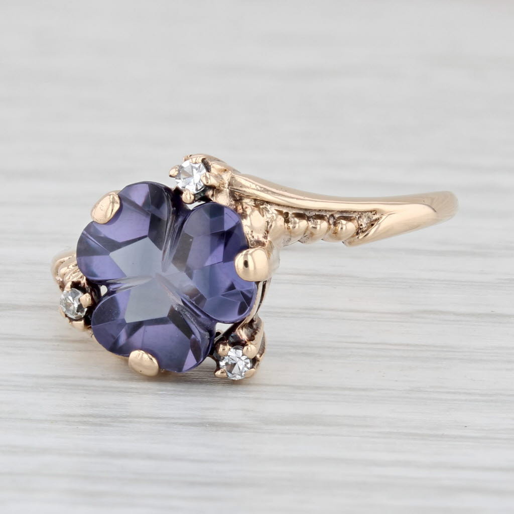 Light Gray Shamrock Lab Created Alexandrite Simulated Diamond Bypass Ring 10k Gold Sz 8.75