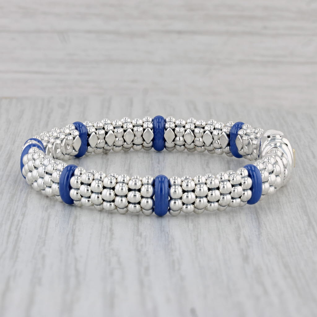 Gray Lagos Bead Bracelet 0.10ctw Diamond Sterling Silver Blue Ceramic 6.75" w/ Bag