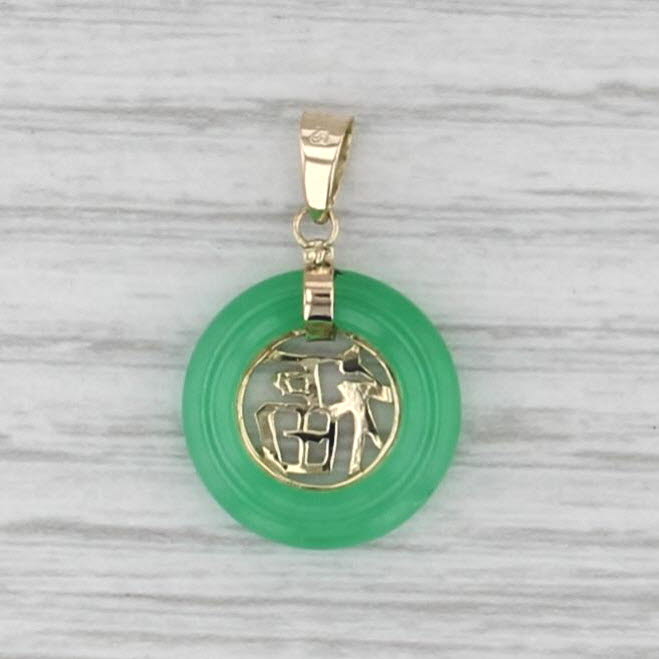 Chinese Good Luck Torus Pendant 14k Yellow Gold Green Jadeite Jade