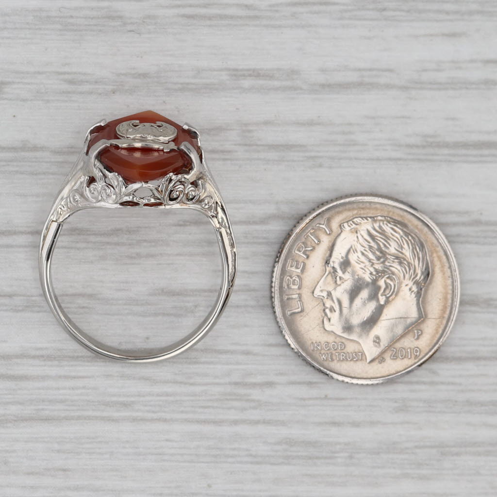Gray Carnelian Shriners Signet Ring 14k White Gold Masonic Vintage Size 5.25