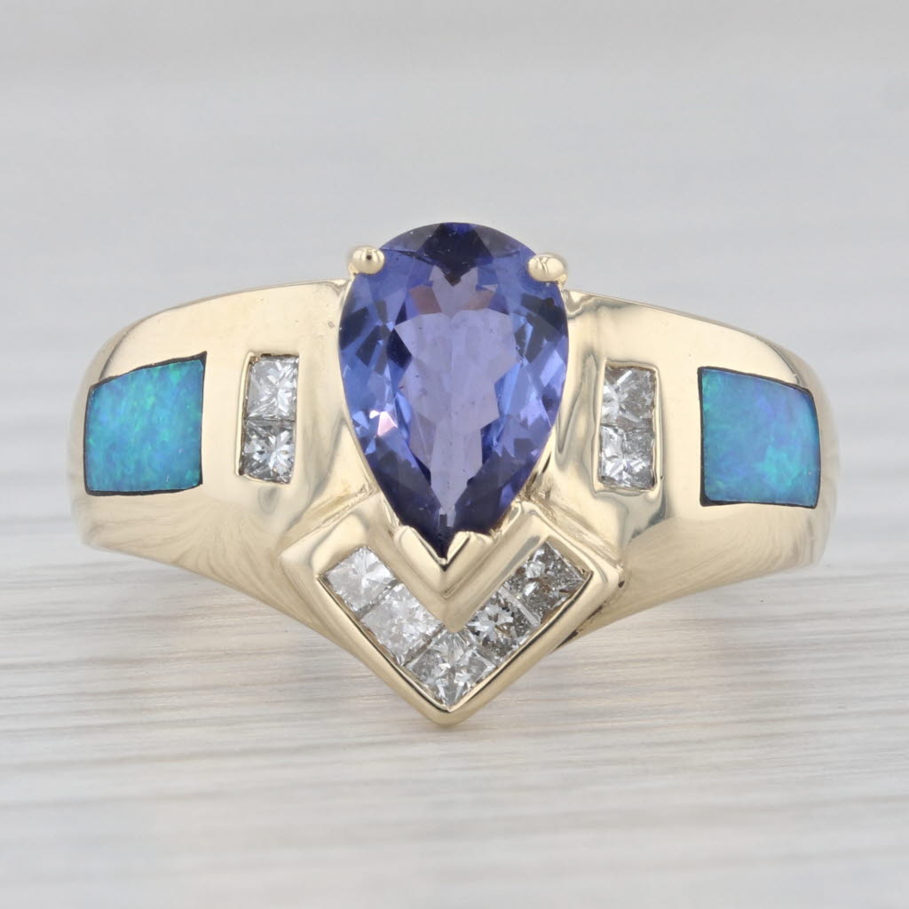 Light Gray 1.29ctw Tanzanite Diamond Opal Inlay Ring 14k Yellow Gold Size 7-7.25
