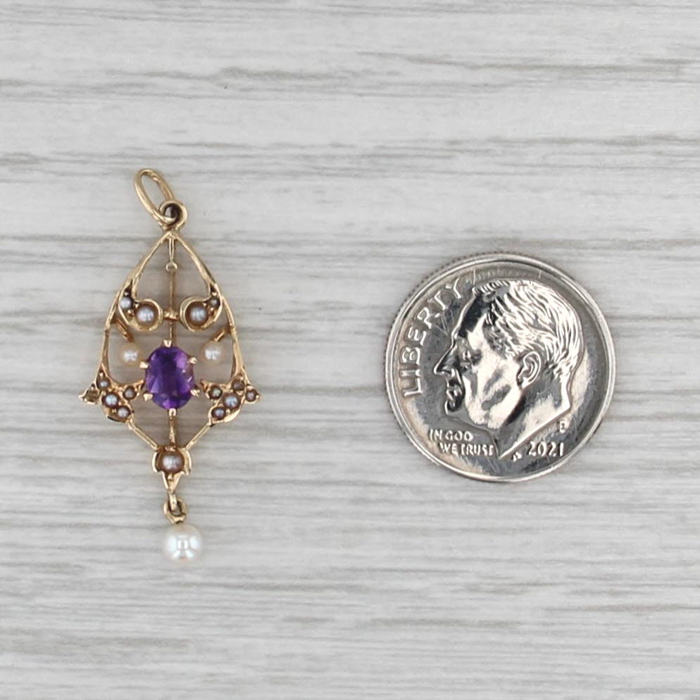 Vintage Seed Pearl 0.26ct Amethyst Pendant 14k Yellow Gold Charm