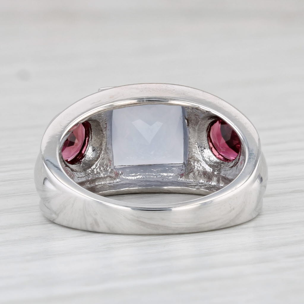Light Gray Blue Chalcedony Pink Tourmaline Ring 14k White Gold Size 6.75