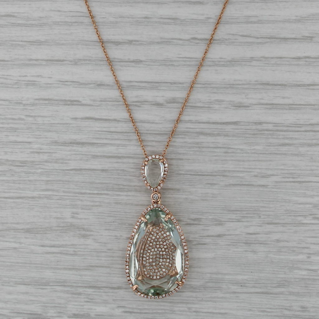 12.08ctw Prasiolite Green Amethyst Diamond Pendant Necklace 14k Rose Gold 18.5"