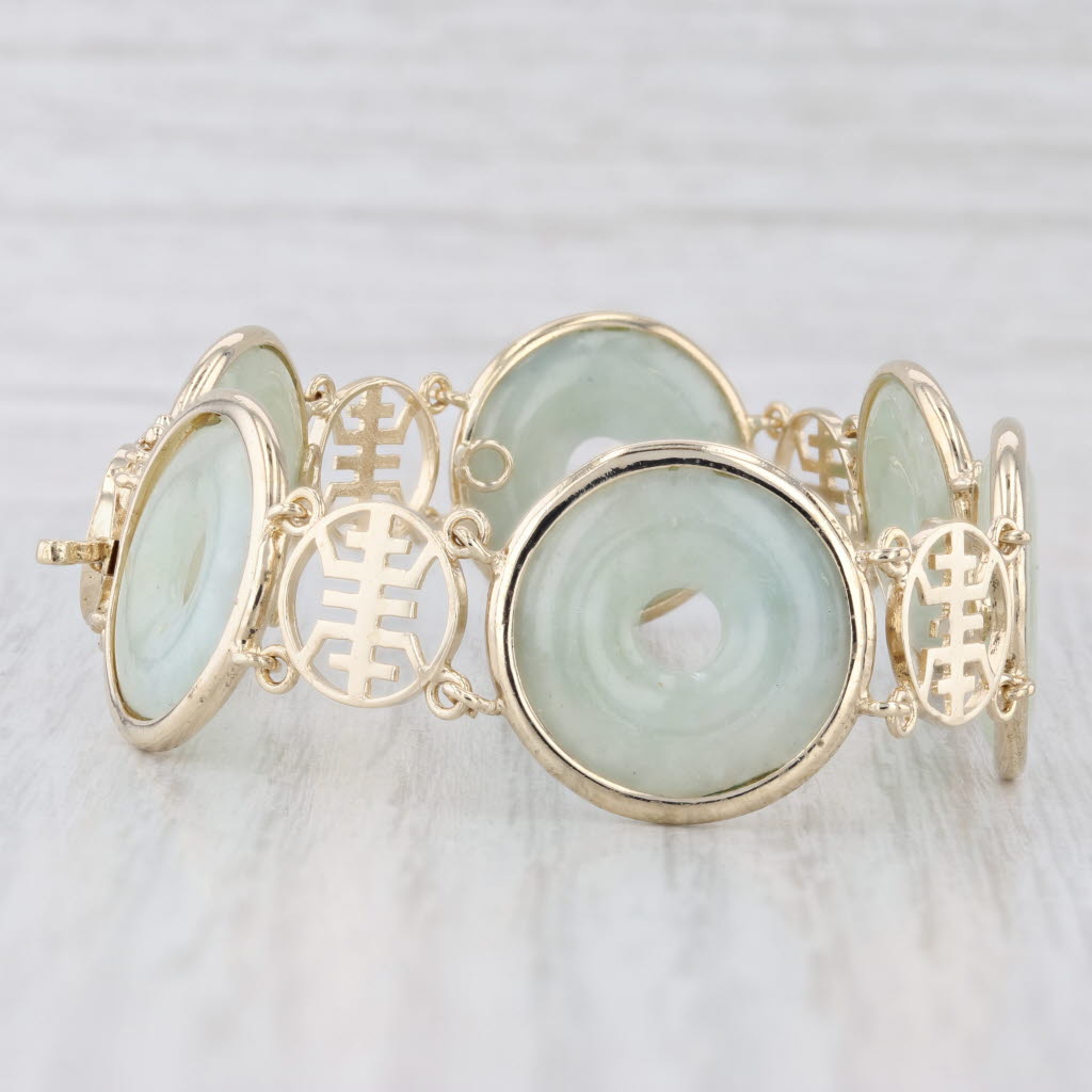 Light Gray Jadeite Jade Hololith Chinese Character Circle Link Bracelet 14k Gold 7.25"