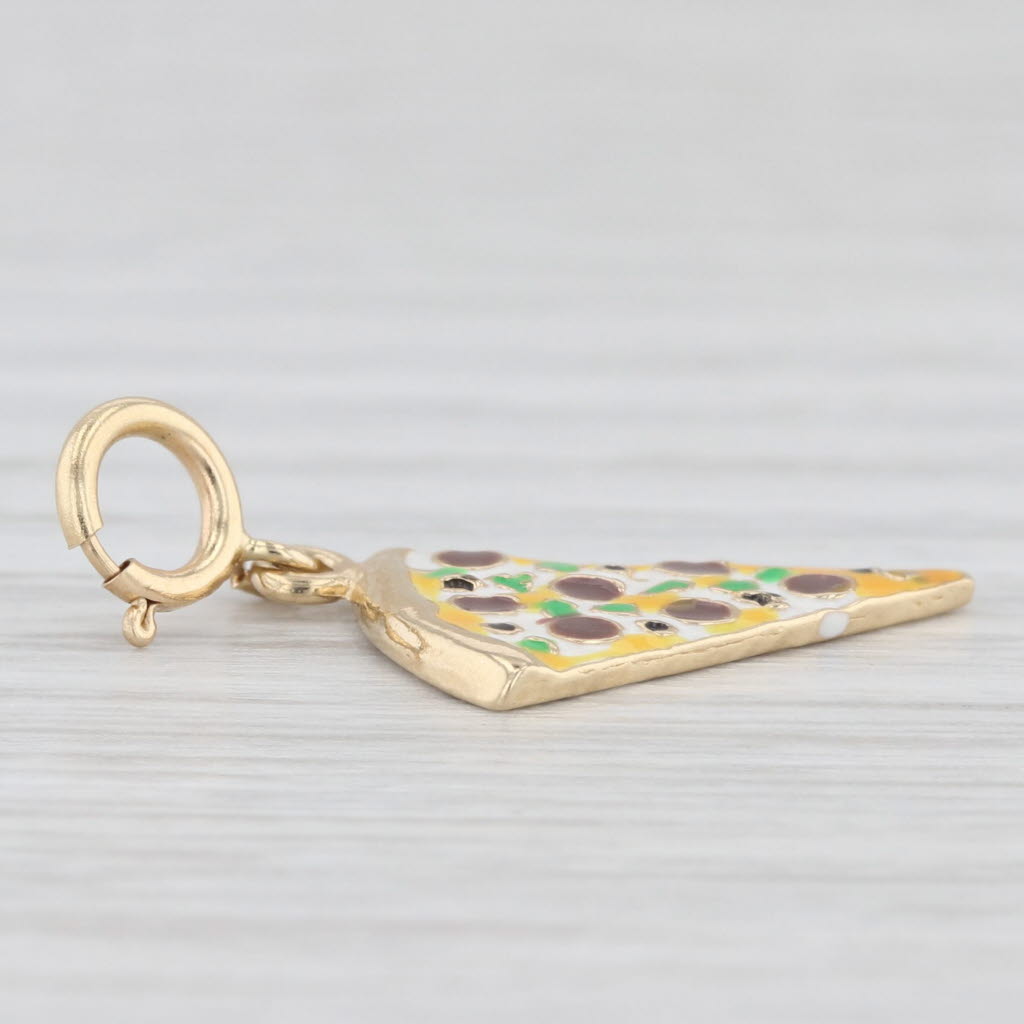 Light Gray Pizza Slice Charm 14k Yellow Gold Enamel Food Themed Pendant