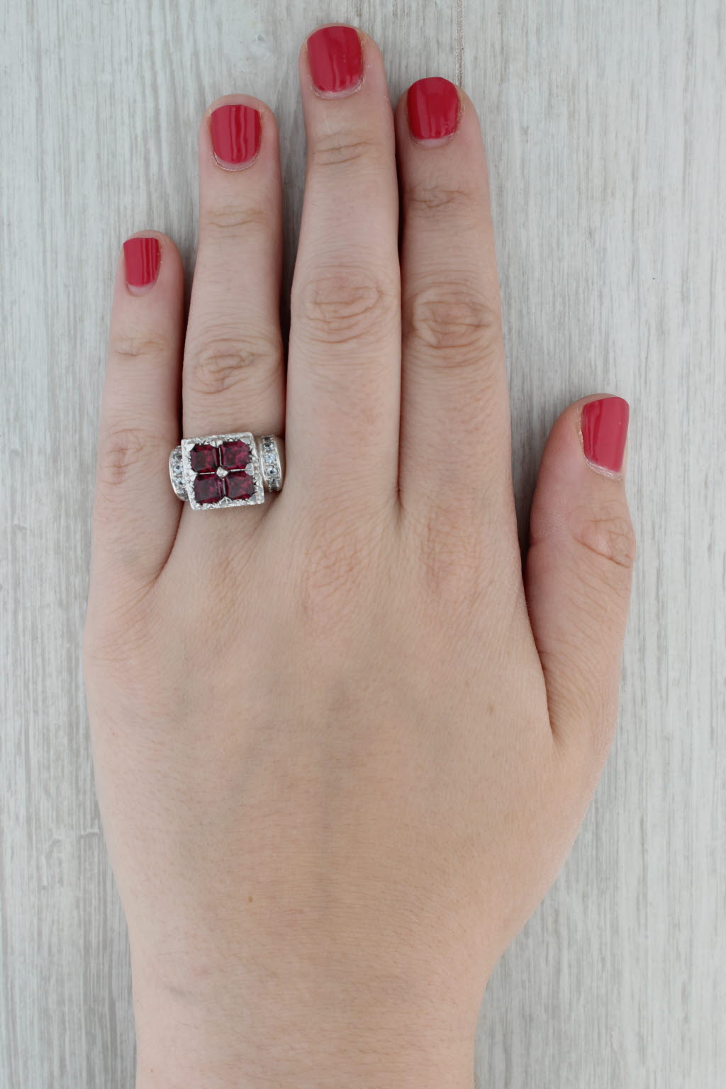 Dark Gray Rhodolite Garnet White Topaz Sapphire Ring 14k White Gold Size 9 Cocktail