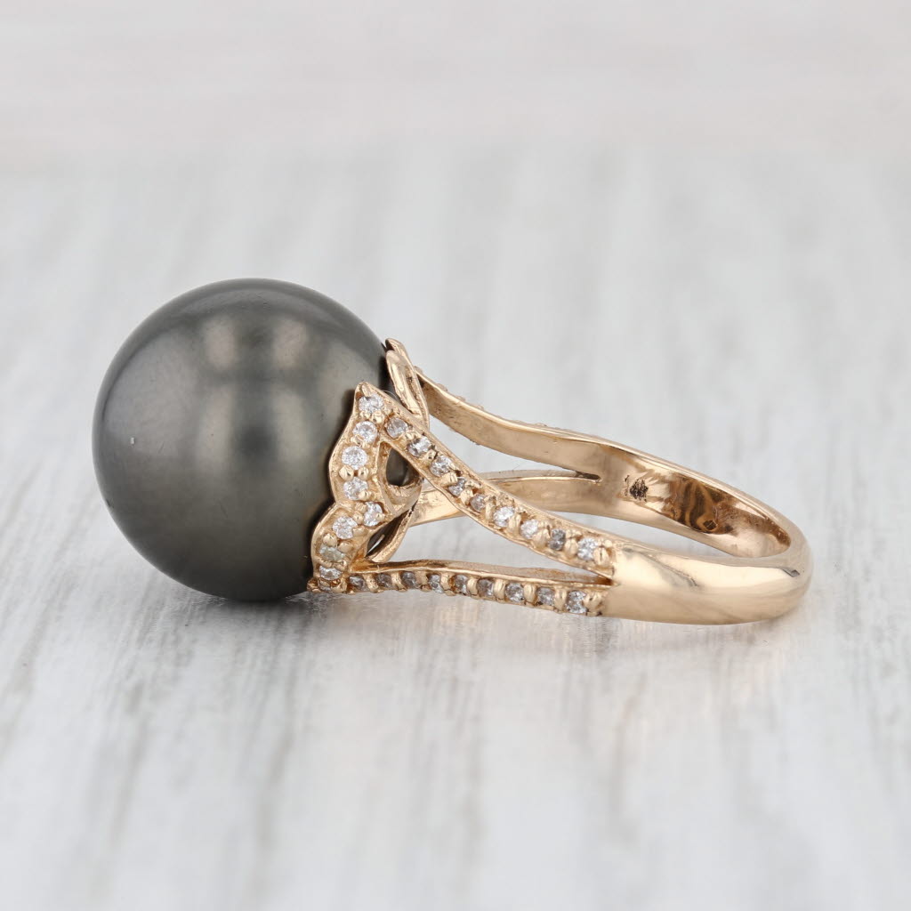 Cultured Black Pearl 0.21ctw Diamond Ring 14k Yellow Gold Size 6.25