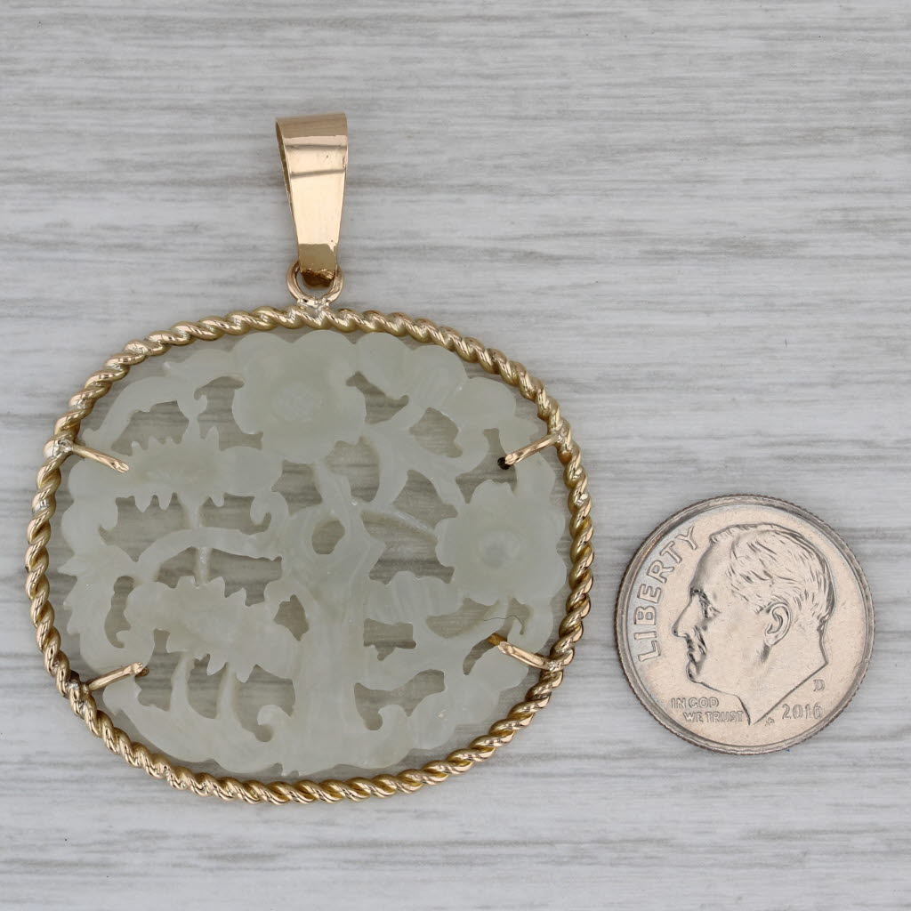 Dark Gray Floral Carved Jadeite Jade Pendant 14k Yellow Gold Ornate Larged Flower Carving