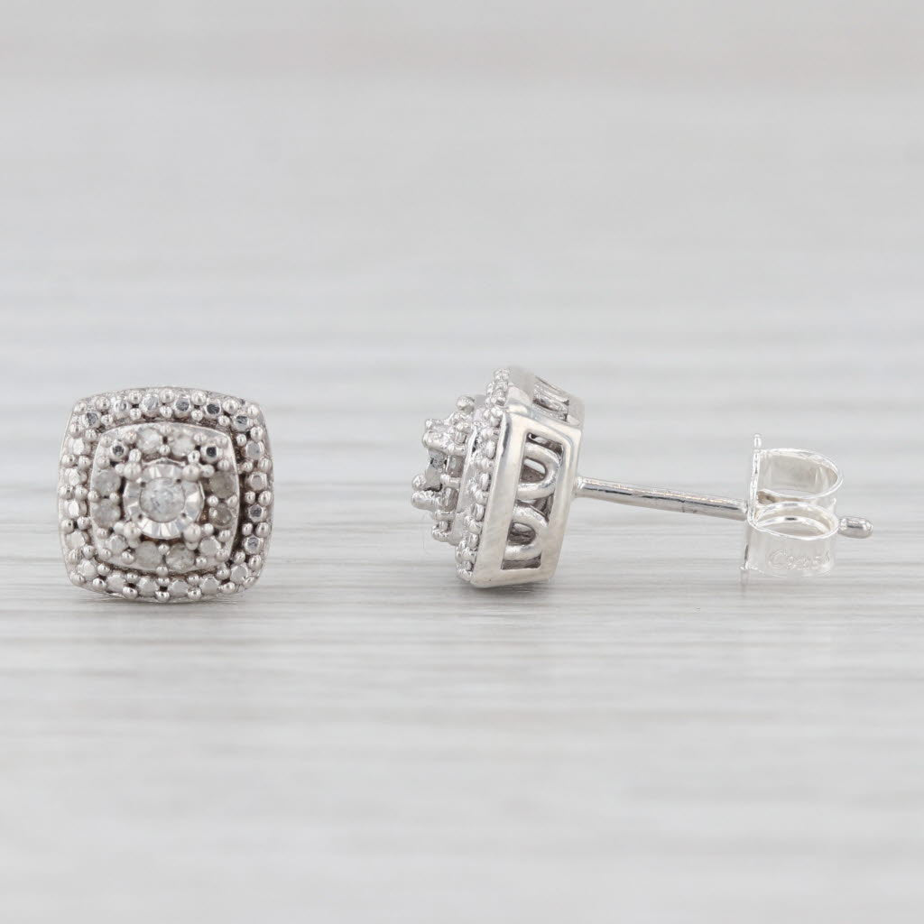 Light Gray Round Diamond Halo Stud Earrings Sterling Silver