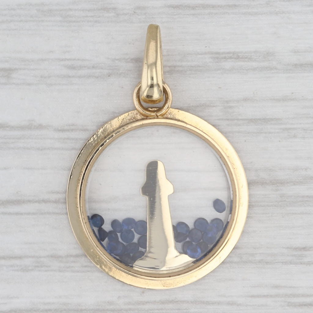 Lab Created Blue Sapphire Lighthouse Snow Globe Pendant 14k Gold Nautical