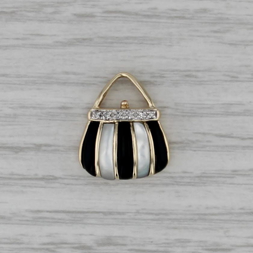 Onyx Mother of Pearl Diamond Purse Pendant 10k Yellow Gold Hand Bag Charm