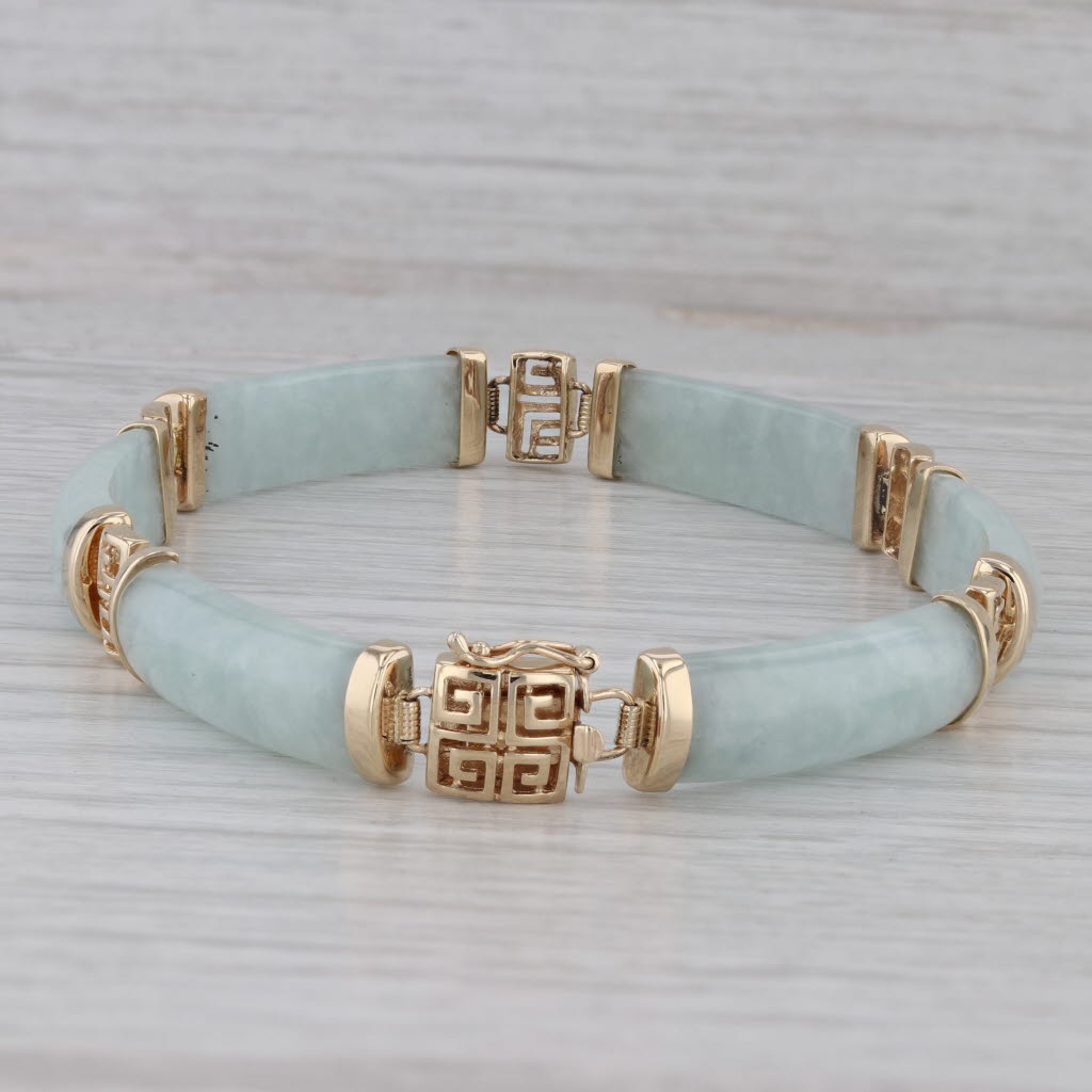 Gray Green Jadeite Jade Chinese Calligraphy Link Bracelet 14k Yellow Gold 7.75"