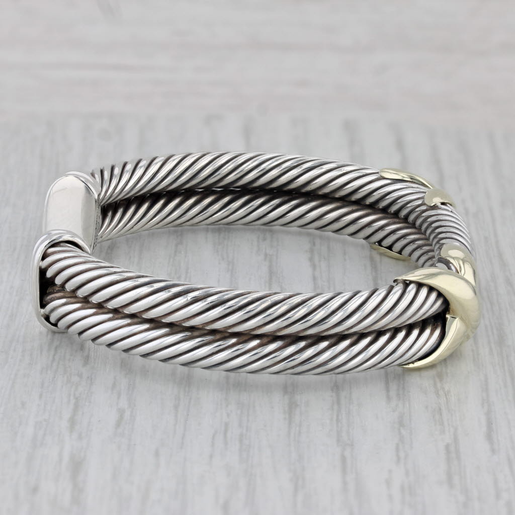 Gray David Yurman Double Cable Classic Cuff Bracelet Sterling Silver 14k Gold 6.5"